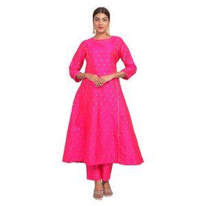 Women Anarkali Kurti Pant Set Casual Wear Art Silk Straight Kurta Gown Suit